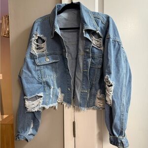 SHEIN Blue Distressed Cropped Denim Jacket